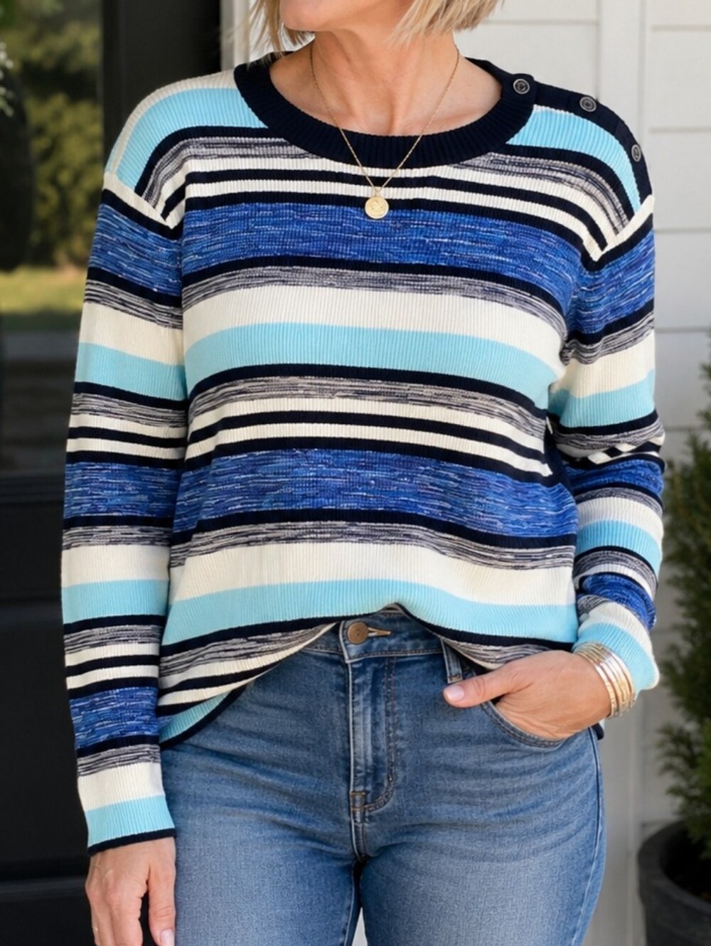 Talbots Blue White Black Stripe Scoop Neck Sweater Shoulder Buttons Large NWT